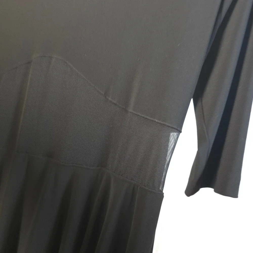 Norma Kamali Black Mesh Inset Fit Flare Midi Dress Women L Stretch Cocktail Chic